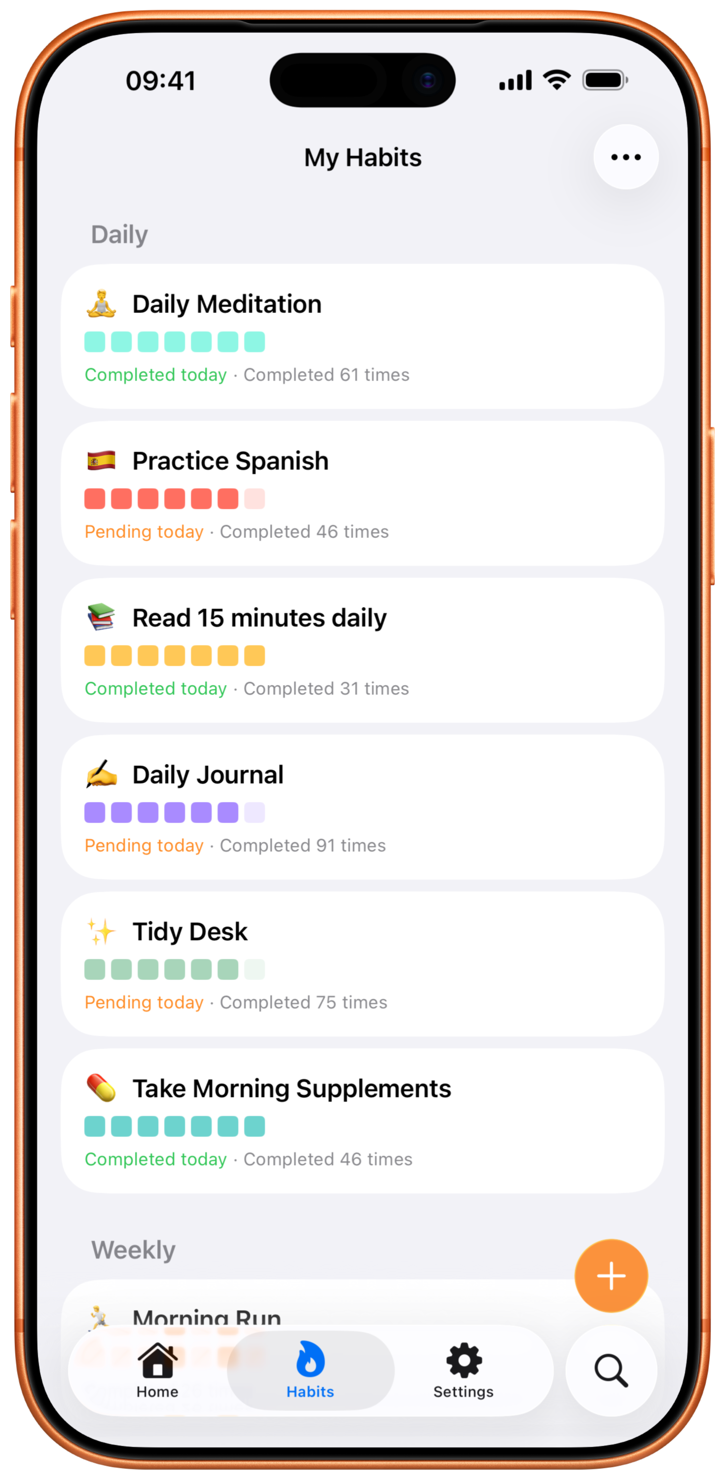 Habits dashboard showing streaks and completion stats