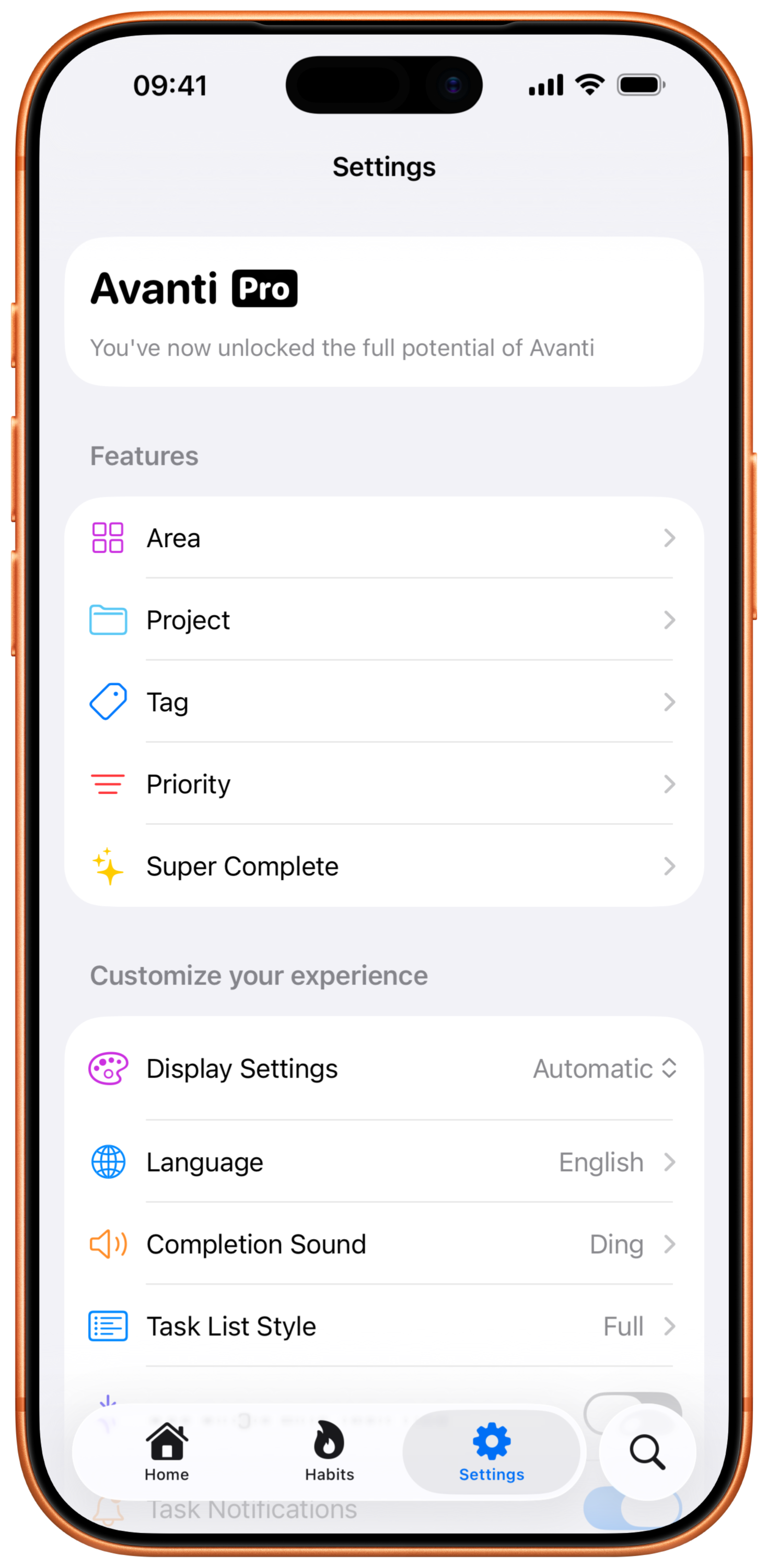 Settings screen offering personalization options